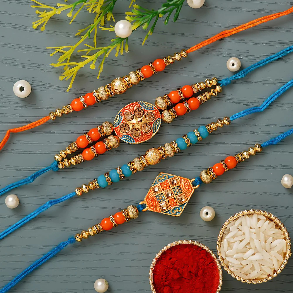  Blue And Orange Pack Of 4 Designer Pearl Rakhis